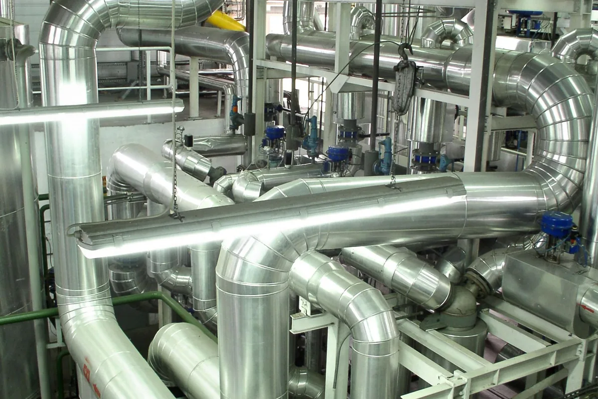 Industrial stainless steel pipework in a process facility